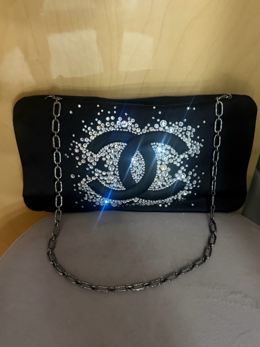 CHANEL BLACK SATIN CRYSTAL CC LOGO FLAP BAG